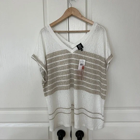 Bobeau Ivory and Light Taupe Striped Short Sleeve Tee - Size XXL - Picture 3 of 6